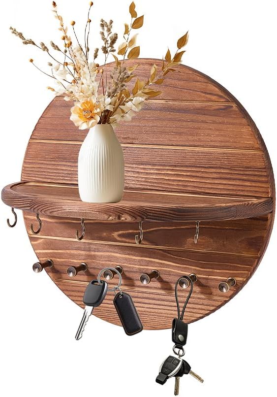 Round Wooden Key Shelf with Hooks - view 1